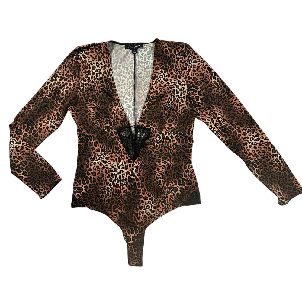 NWT INC Animal Print Leopard Long Sleeve Bodysuit Sz L Lace Trim Festival Party